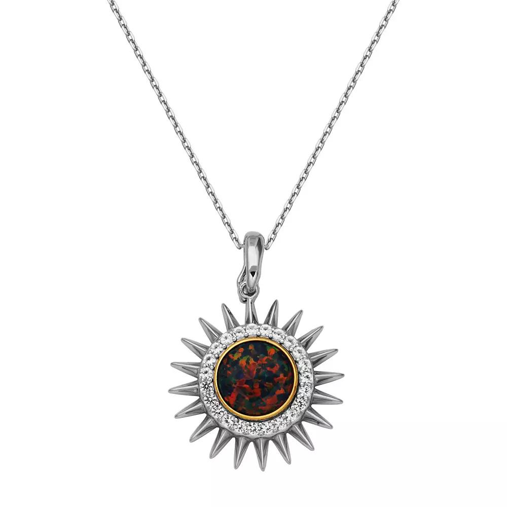 Sterling Silver Lab-Created Black Opal and White Sapphire Sunburst Pendant Necklace, Women's, Size: 18-20" ADJ, Two Tone Product Image