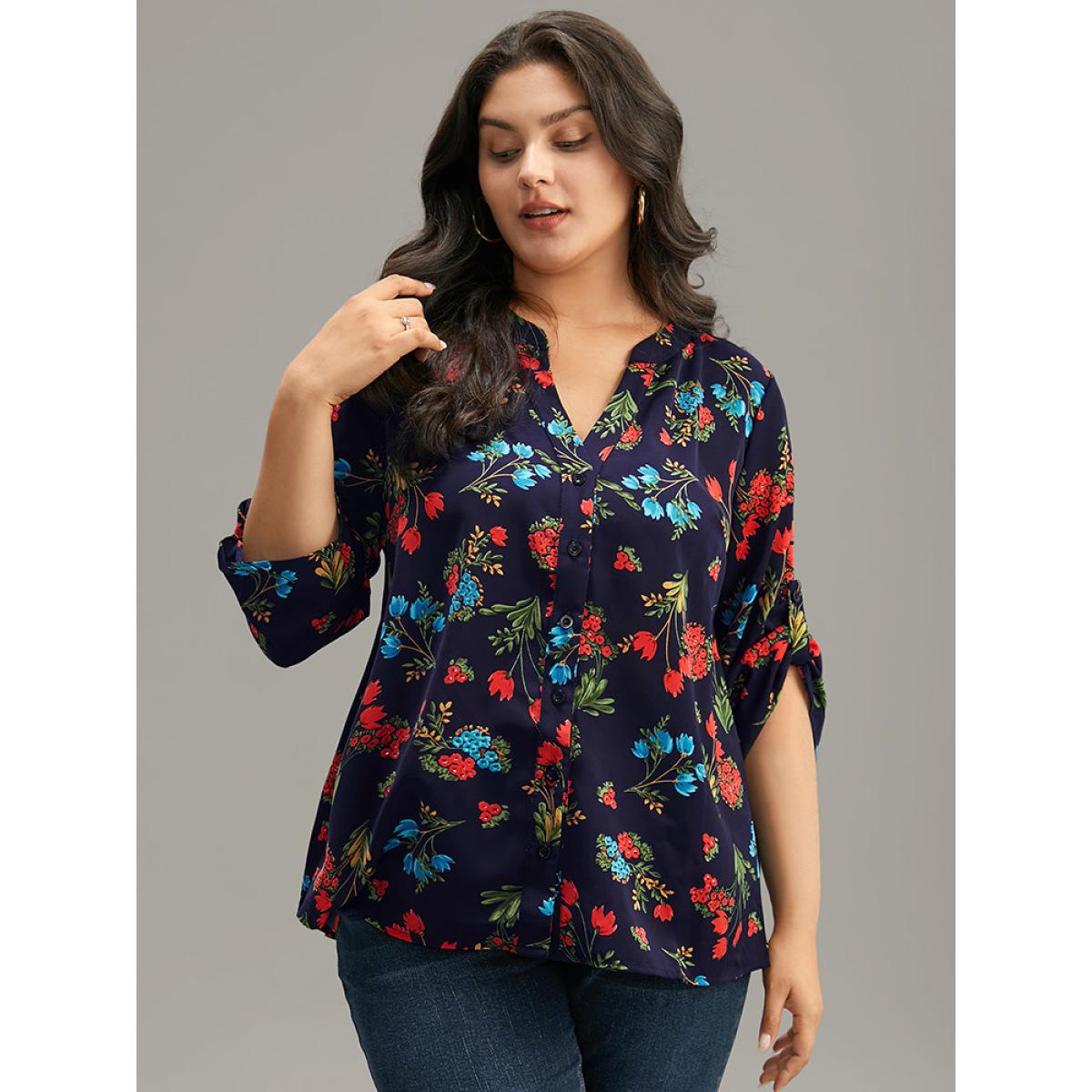 Plus Size Indigo Floral Print Notched Tab Sleeve Blouse Women Elegant Long Sleeve V-neck Dailywear Blouses BloomChic 10/M Product Image