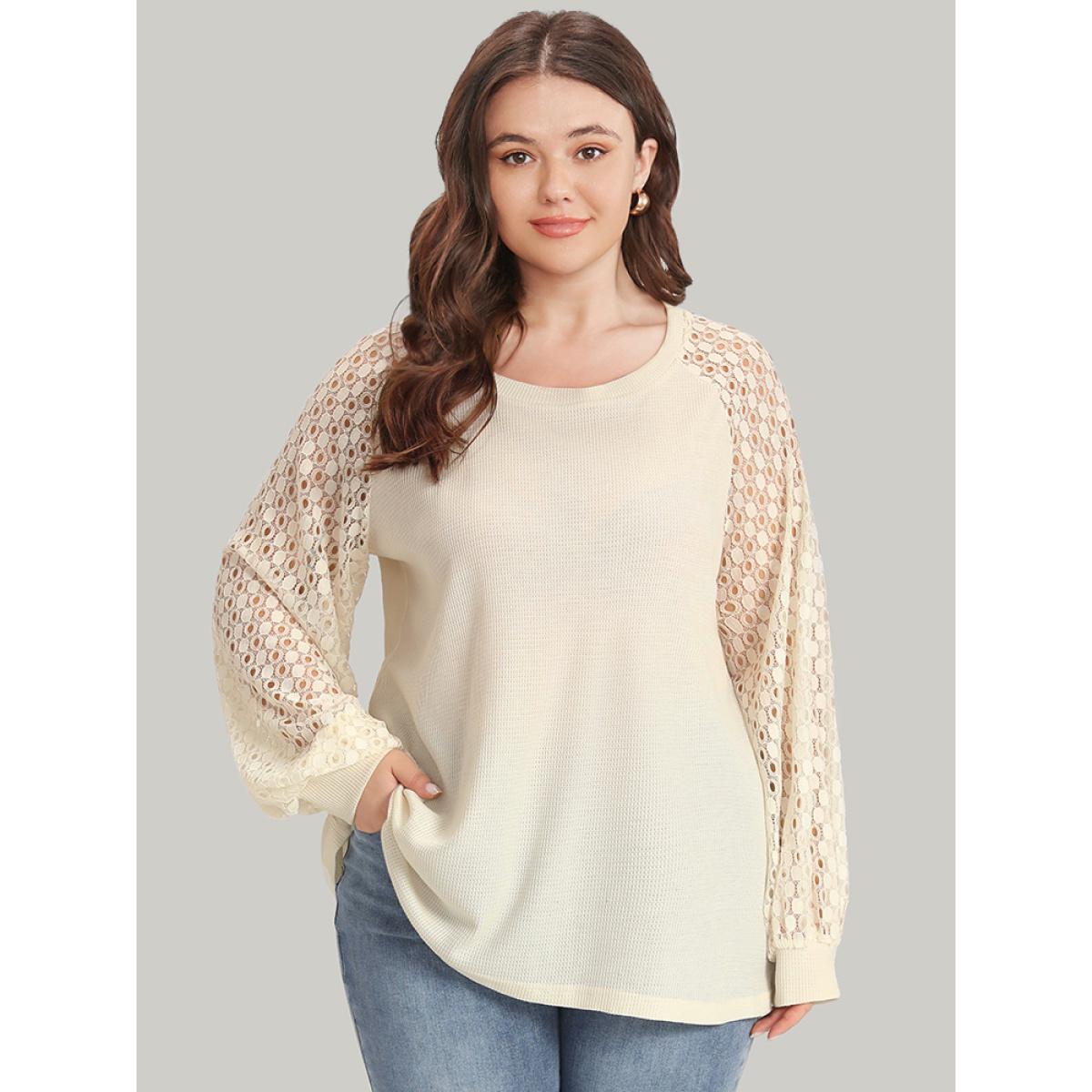 Plus Size Lace Panel Raglan Sleeve Waffle Knit Sweatshirt Women Ivory Elegant Patchwork Round Neck Dailywear Sweatshirts BloomChic 14-16/1X Product Image