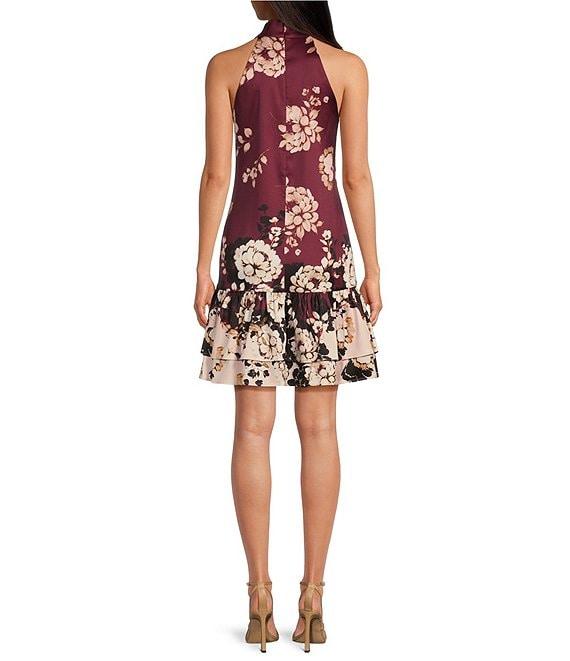 Belle by Badgley Mischka Odette Floral Print Knit Halter Neck Sleeveless Tiered Ruffle Shift Mini Dress Product Image