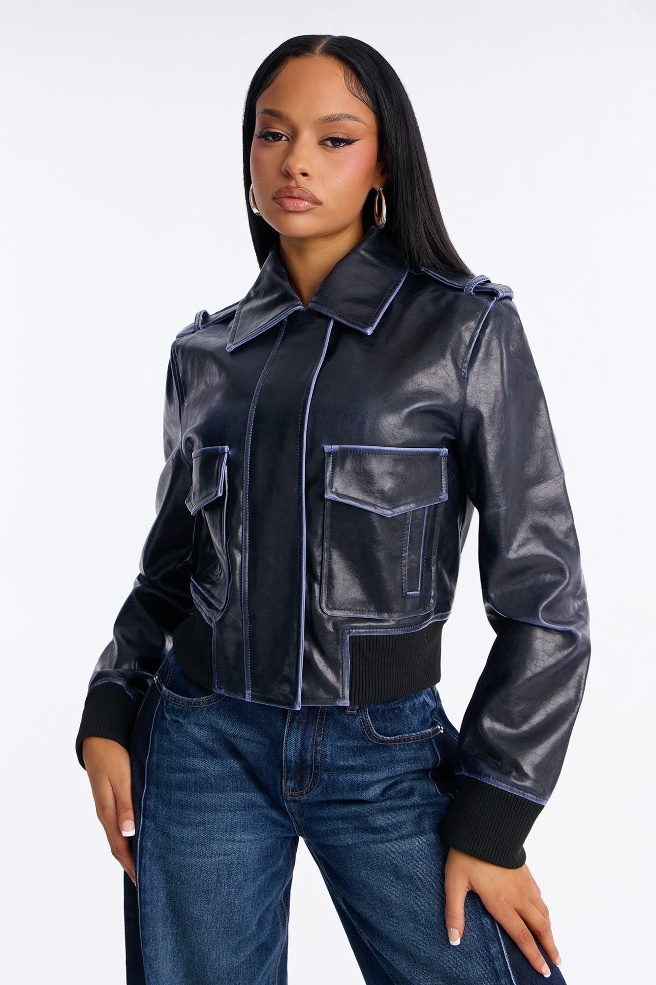 Stevie Cropped Washed Faux Leather Bomber Jacket - Navy Female Product Image