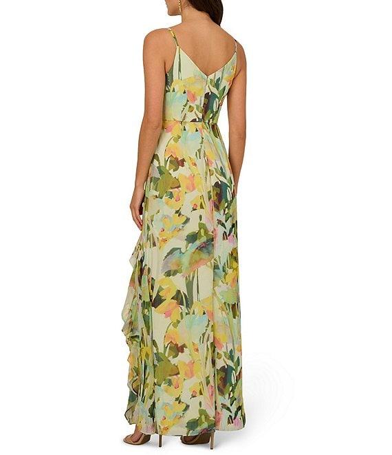 Adrianna Papell Chiffon Floral Print Ruffle V-Neck Sleeveless Ruffle Fit and Flare Gown Product Image