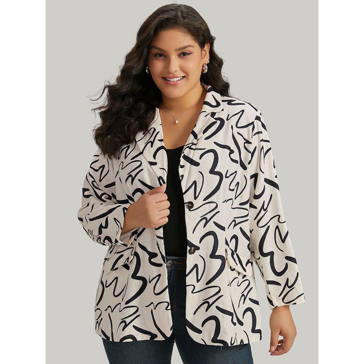 Plus Size Line Print Suit Collar Pocket Button Through Blazer Ivory Women Dailywear Geometric Button Sleeve Long Sleeve Suit Collar 10/M Pocket Office Blazers BloomChic Product Image