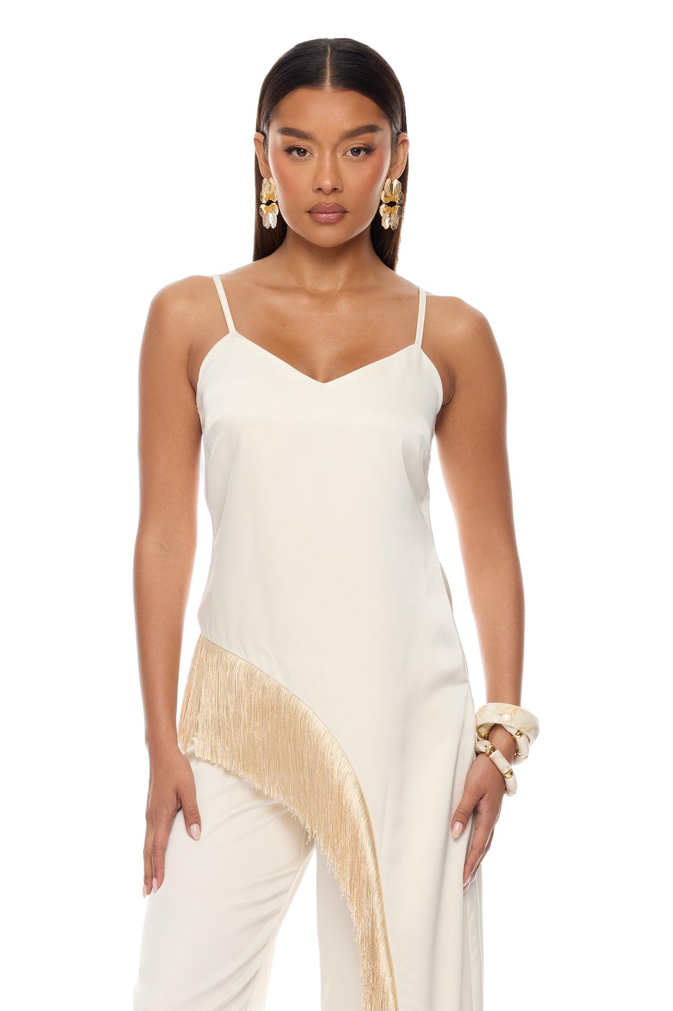 Natural Drama Fringe Satin Pant Set - Ivory Female Product Image