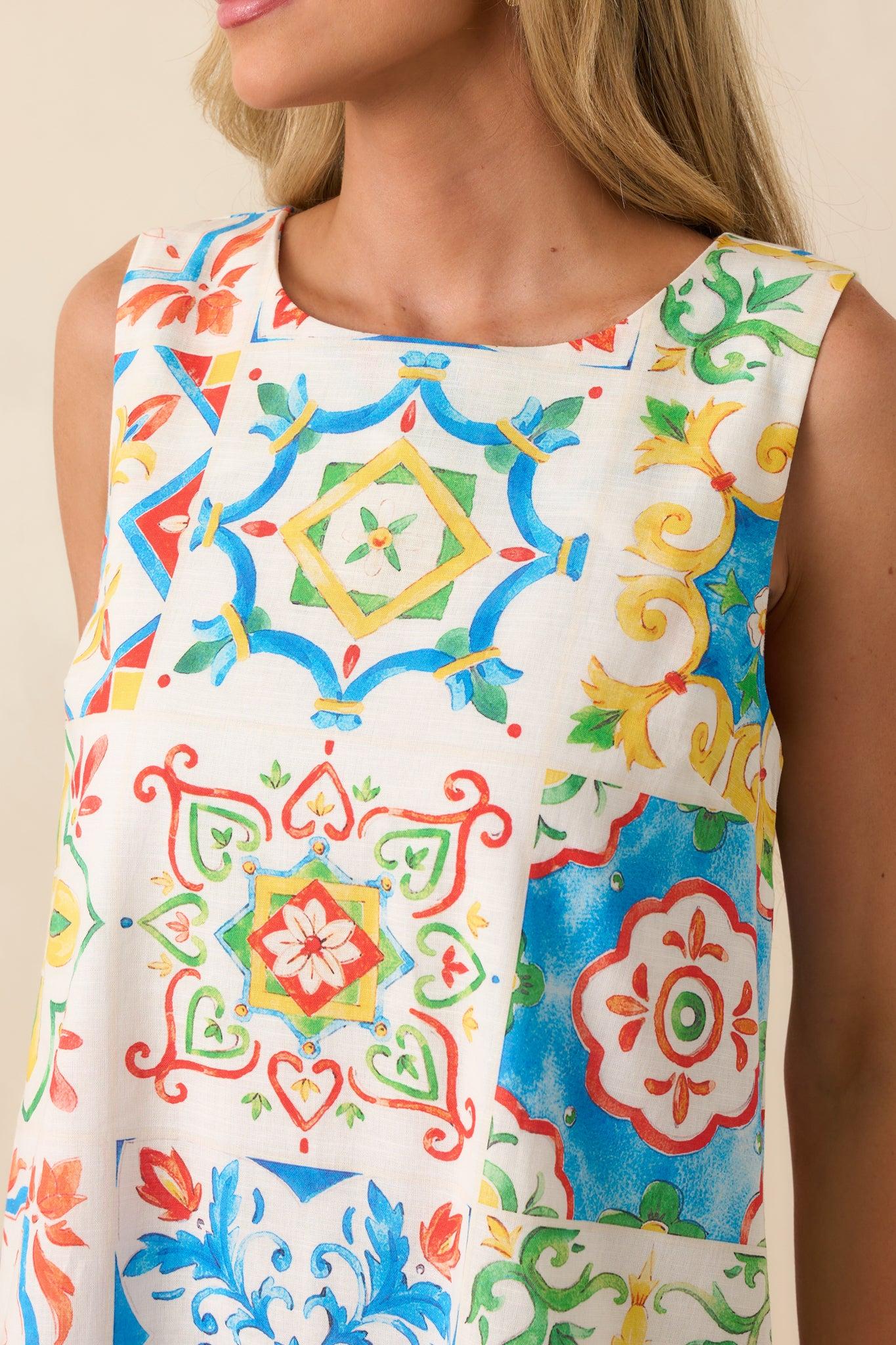 Prosperina Catania Blue Multi Sicilian Tile Print Linen Shift Mini Dress Product Image