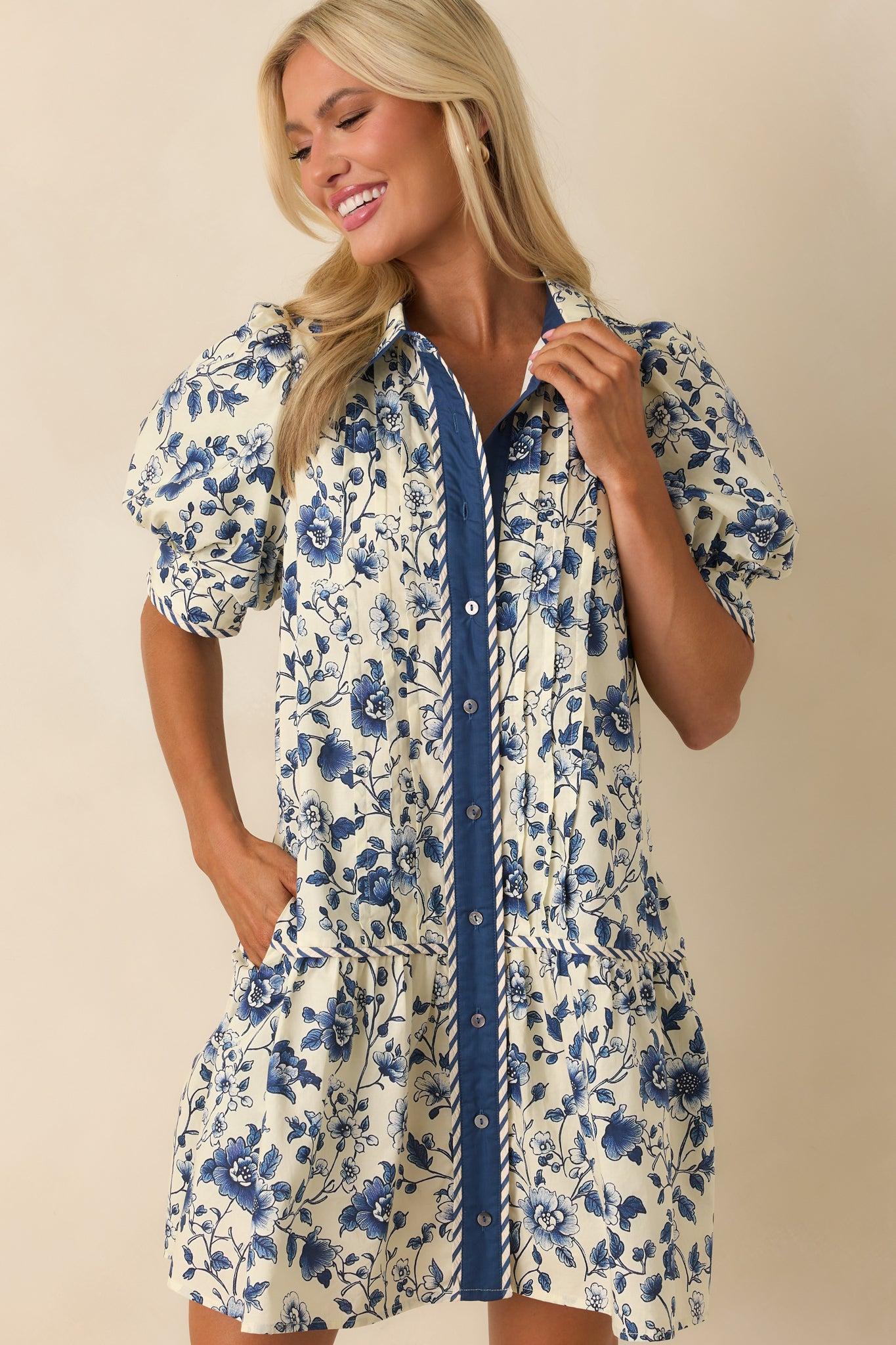 As It Happens Navy Floral Print Cotton Puff Sleeve Mini Dress Product Image