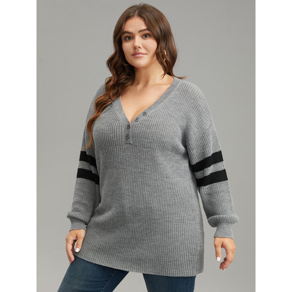 Plus Size Anti-Pilling Striped Button Detail Pullover DarkGray Women Casual Long Sleeve V-neck Dailywear Pullovers BloomChic 26/4X Product Image