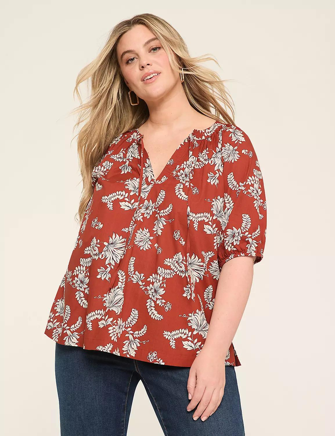 Elbow-Sleeve Tie-Neck Popover Blouse Product Image