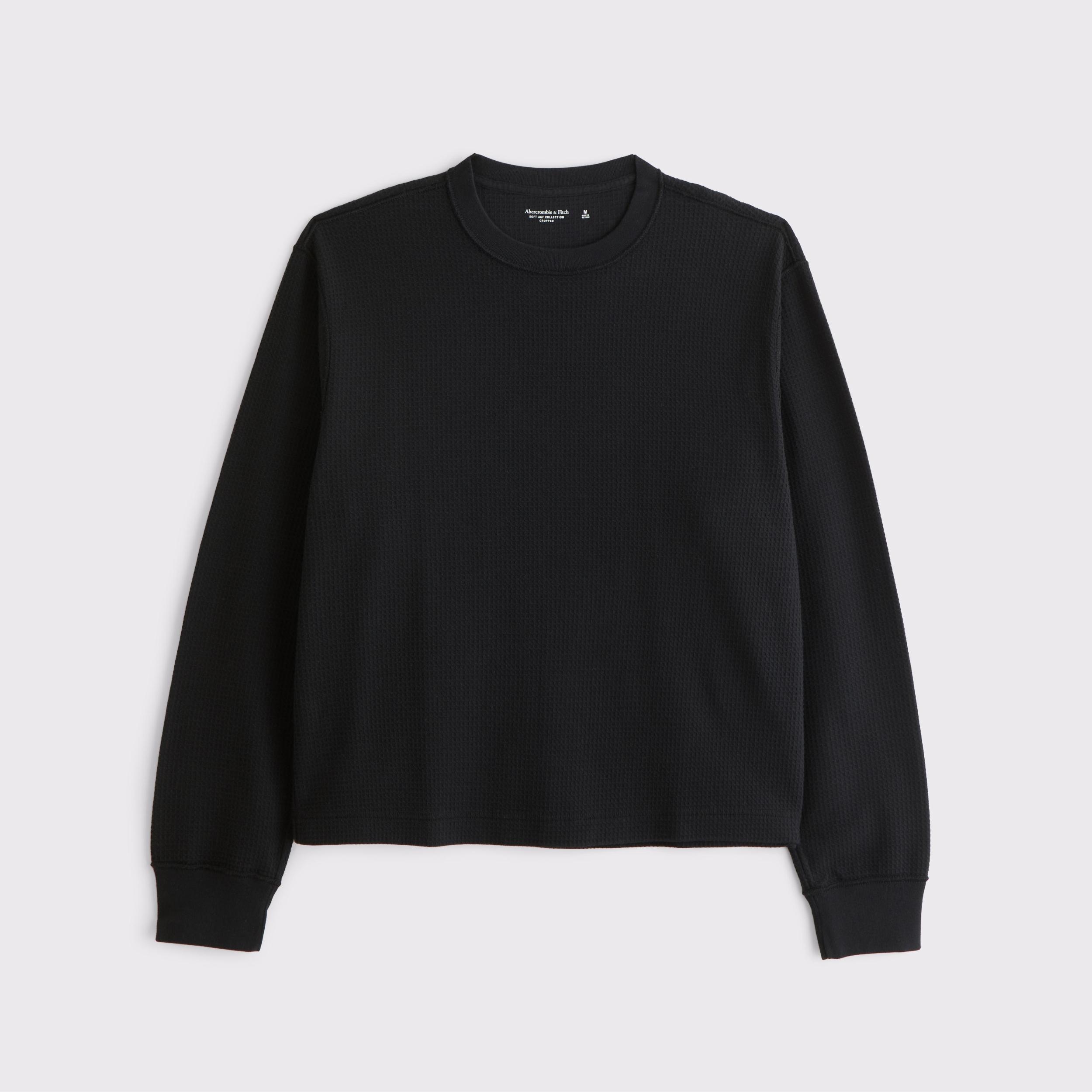 Long-Sleeve Grid Waffle Cropped Tee Product Image