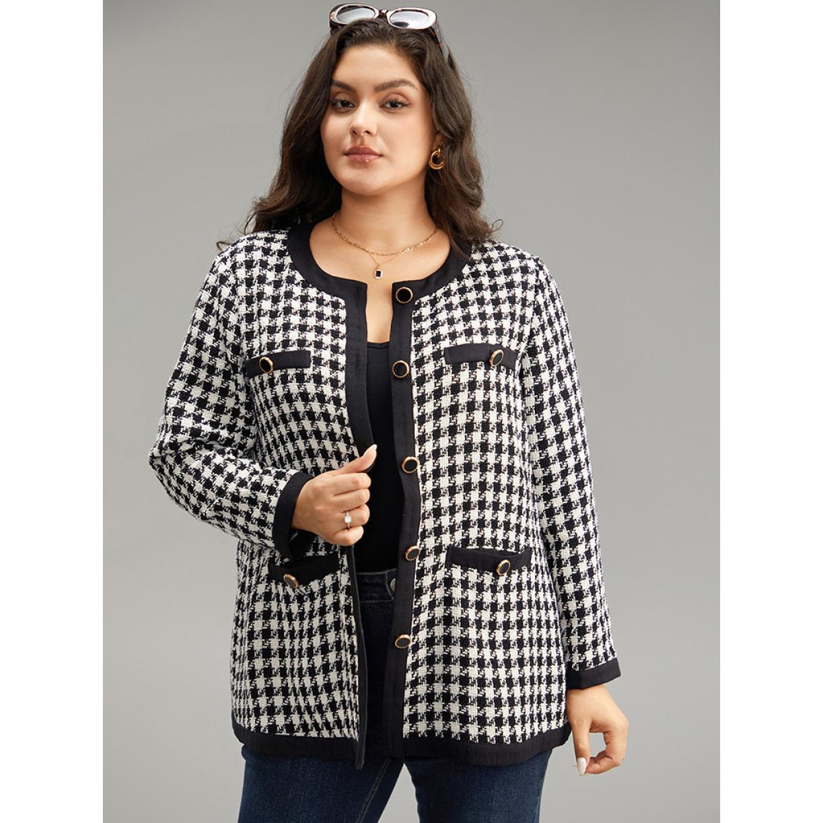 Plus Size Twill Houndstooth Button Detail Pocket Coat Women Black Elegant Texture Ladies Everyday Winter Coats BloomChic 28/5X Product Image