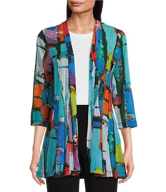 Ali Miles Printed Mesh Inset 3/4 Sleeve Open-Front Kimono Product Image