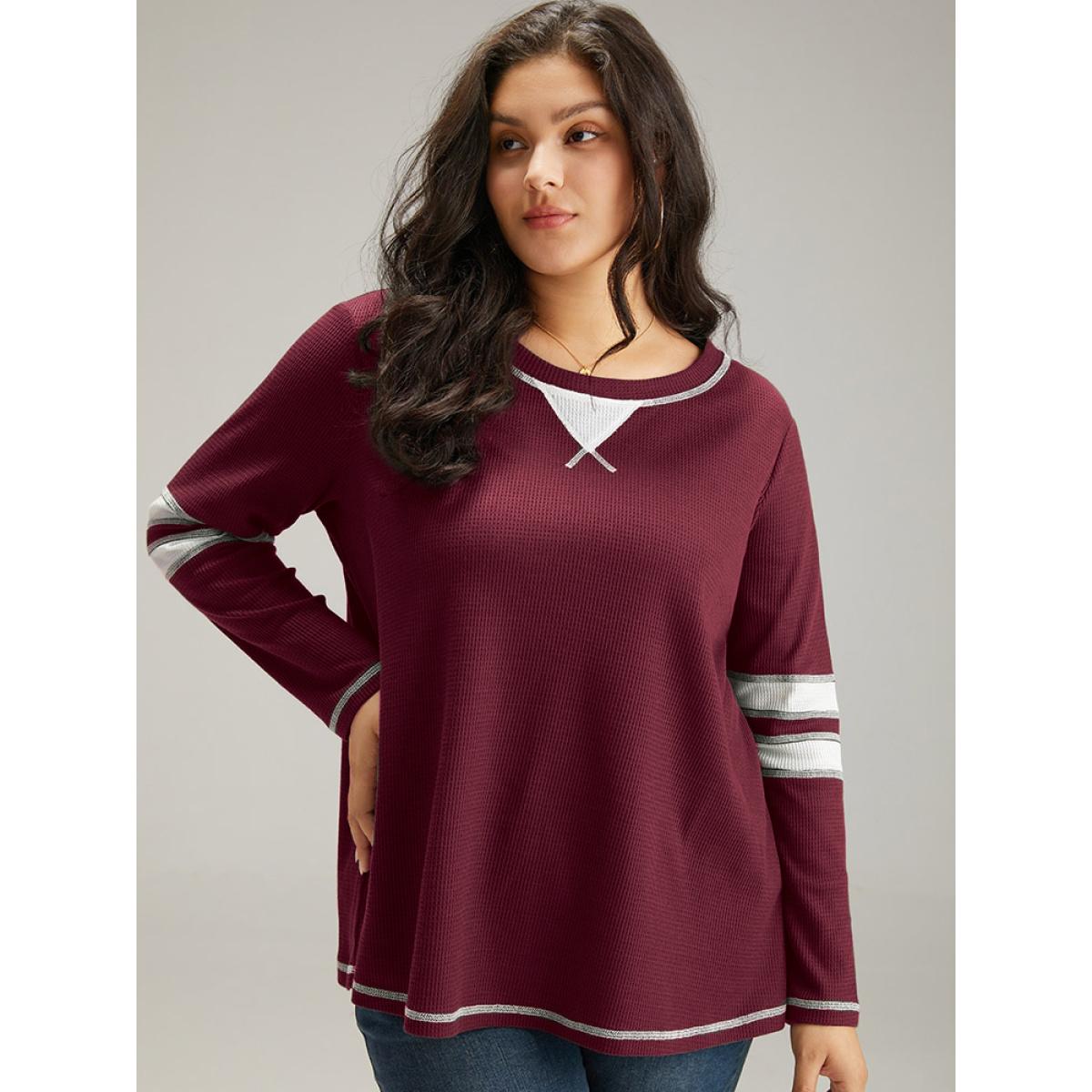 Plus Size Waffle Knit Striped Contrast Stitch T-shirt Burgundy Women Casual Contrast Striped Round Neck Dailywear T-shirts BloomChic 10/M Product Image