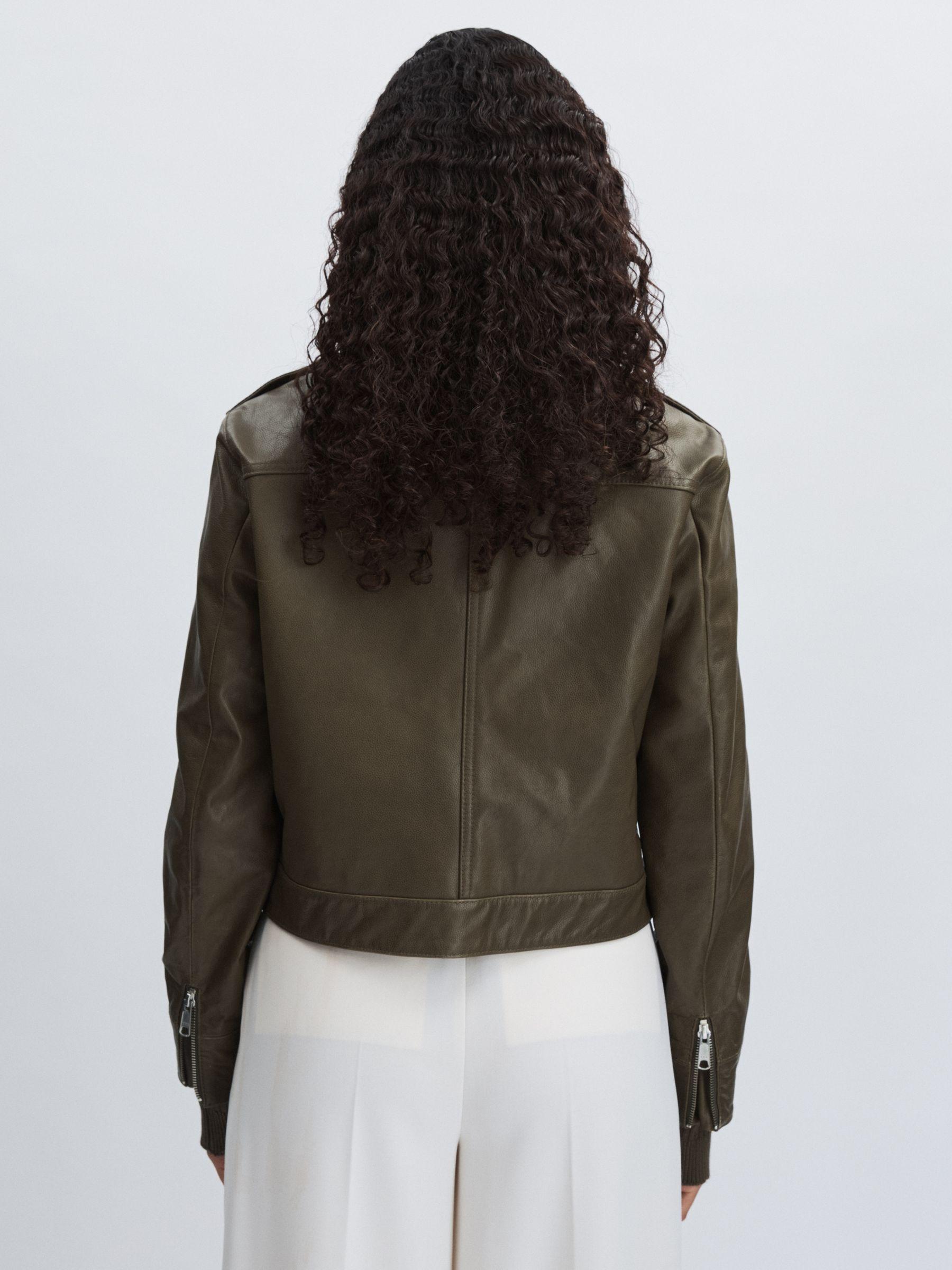 Paige Leather Cropped Bomber Jacket in Moss Green Product Image