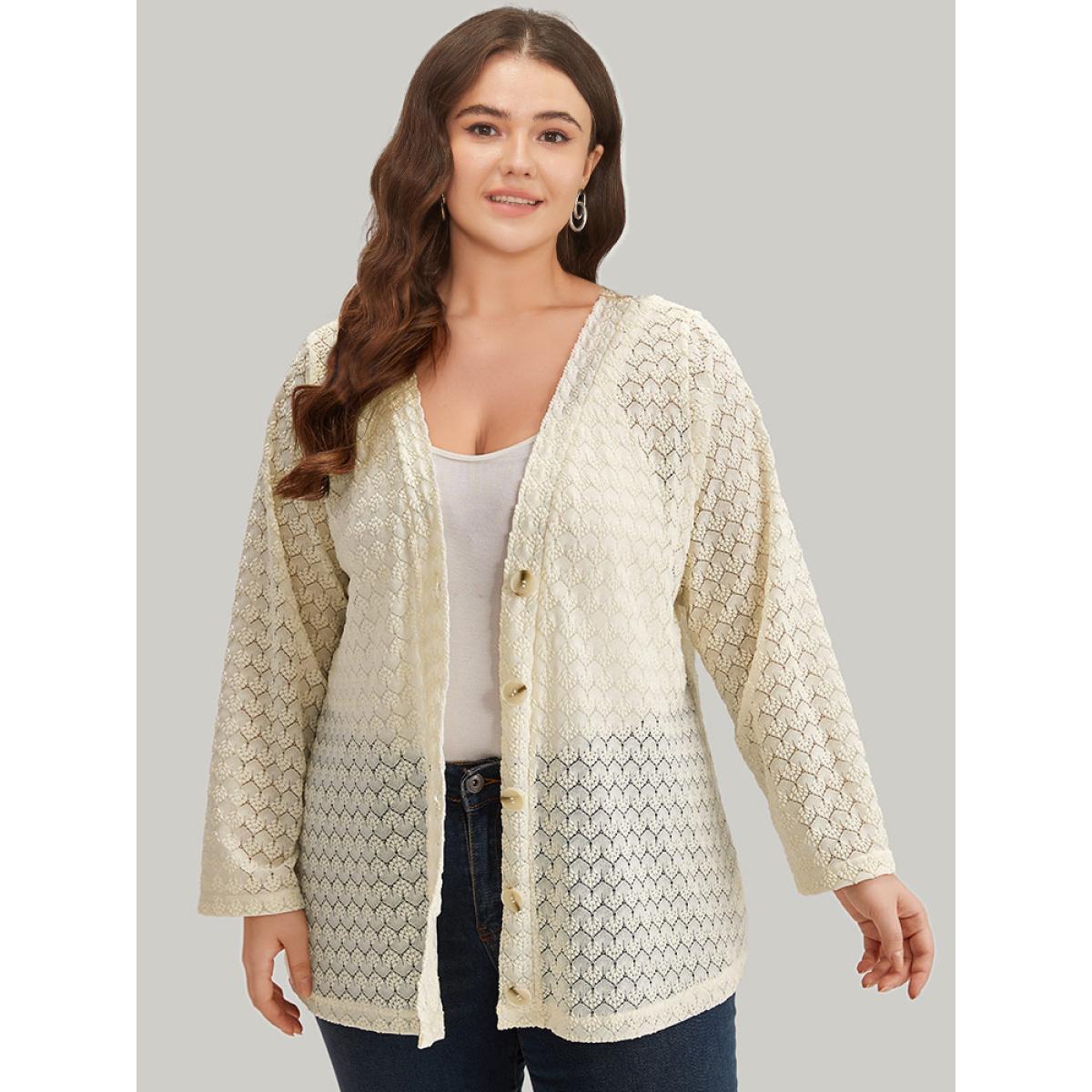 Plus Size Geometric Lace Hollow Out Button Through Jacket Women Beige Casual Plain Ladies Dailywear Winter Coats BloomChic 12/L Product Image