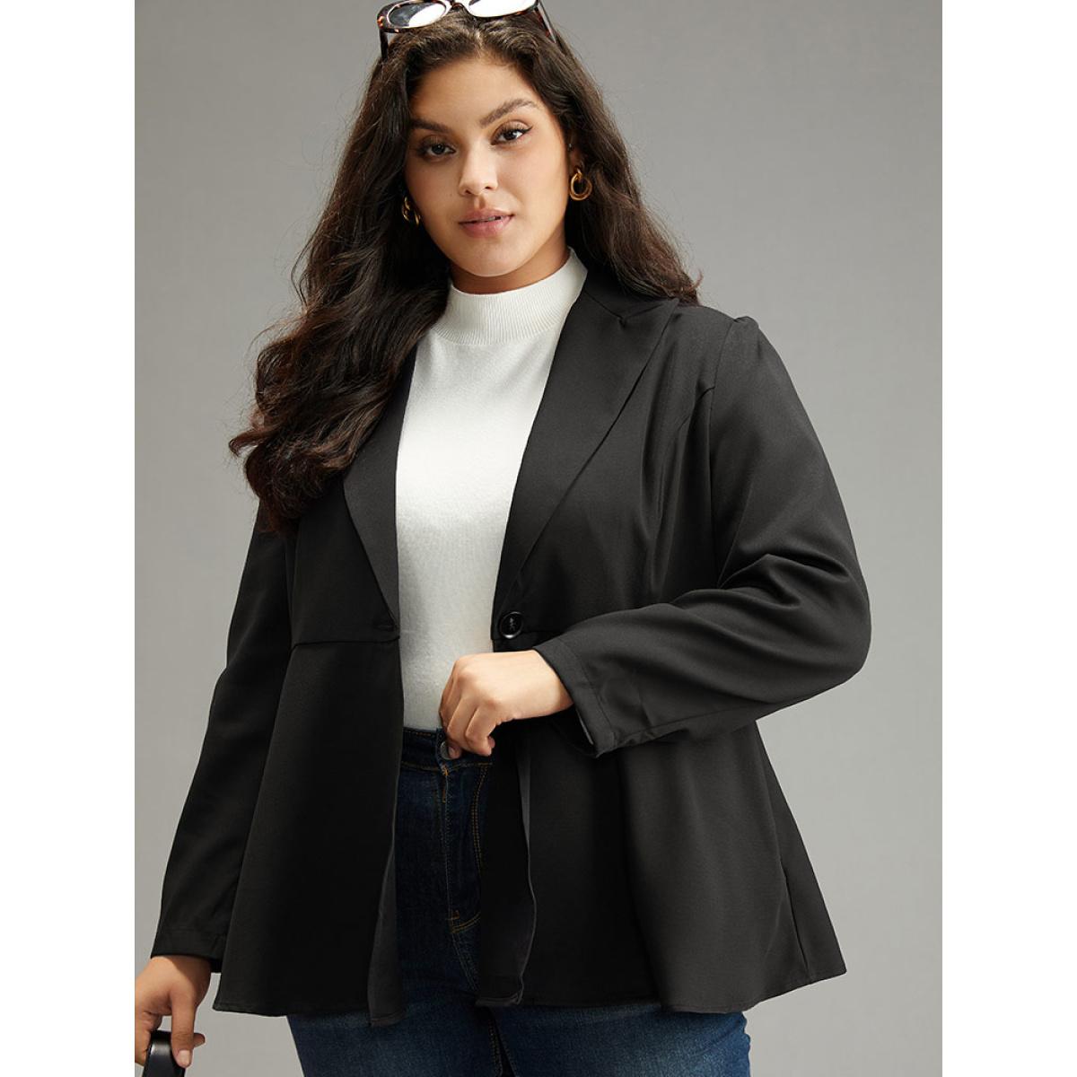 Plus Size Plain Button Up Ruffles Blazer Black Women Work Plain Plain Sleeve Long Sleeve Suit Collar 10/M Office Blazers BloomChic Product Image