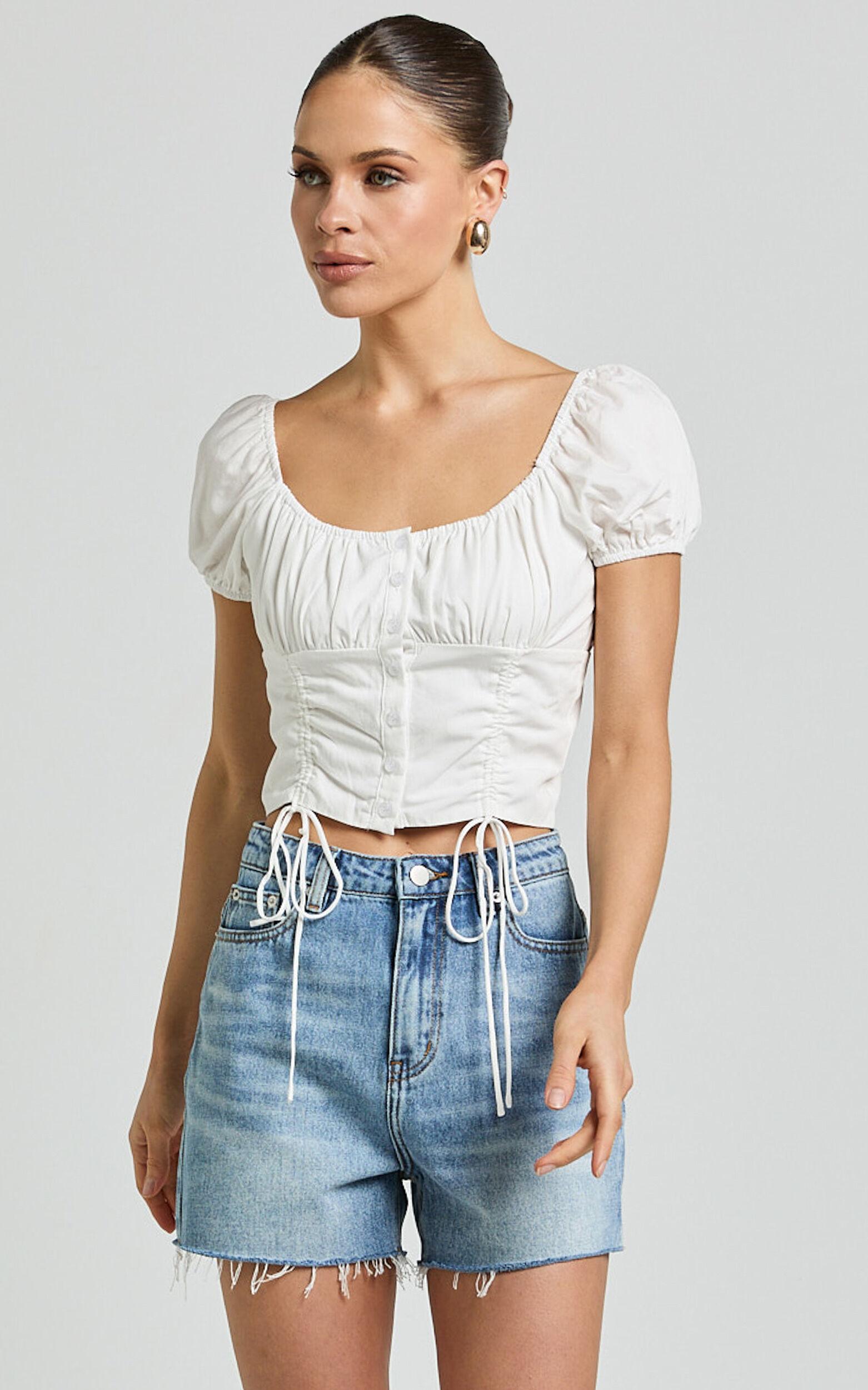 Valerie Top - Puff Sleeve Ruched Button Front Tie Hem Top in White Product Image