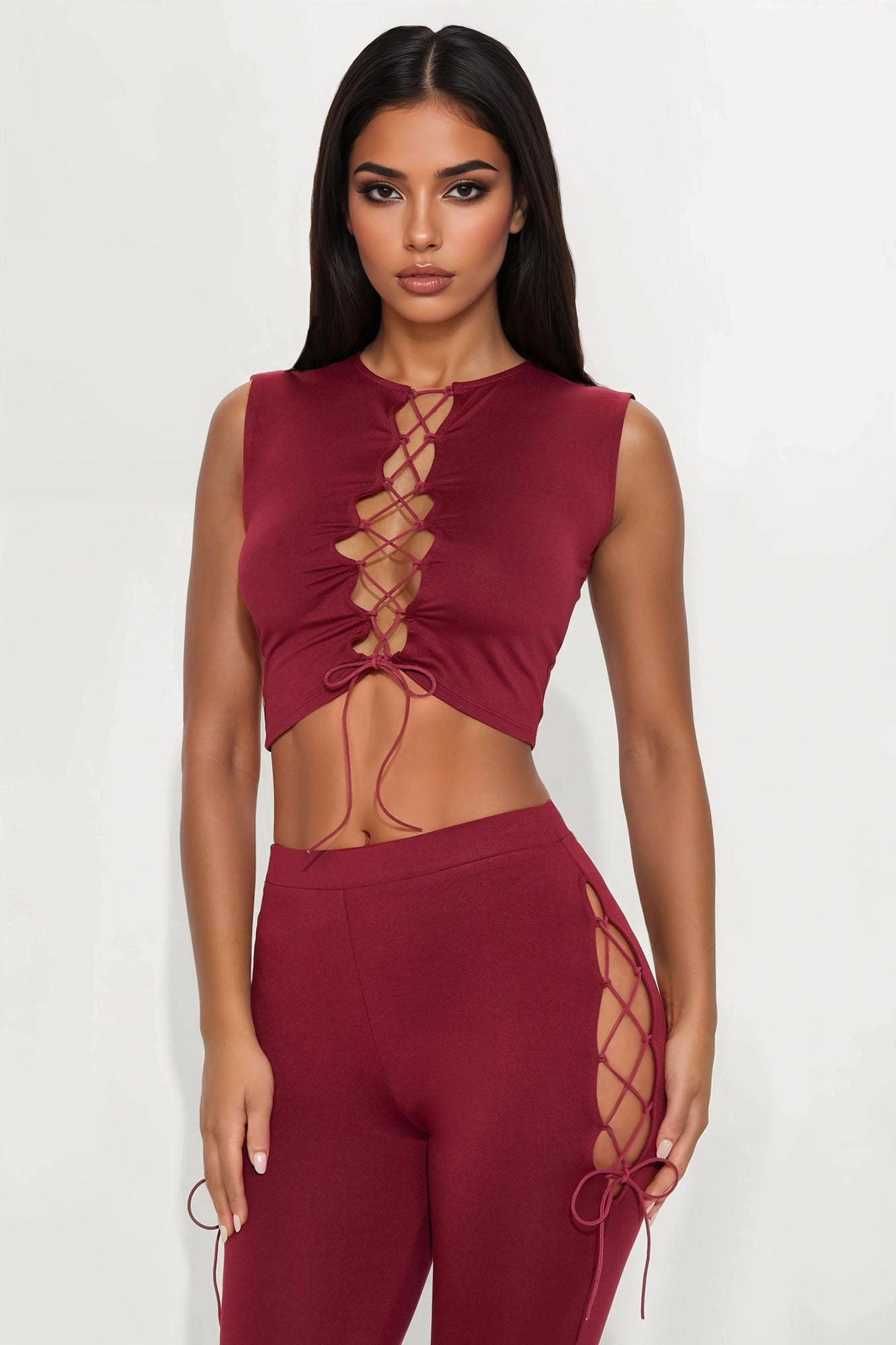 Emani Sleeveless Lace Up Flare Leg Pant Set - Wine Product Image