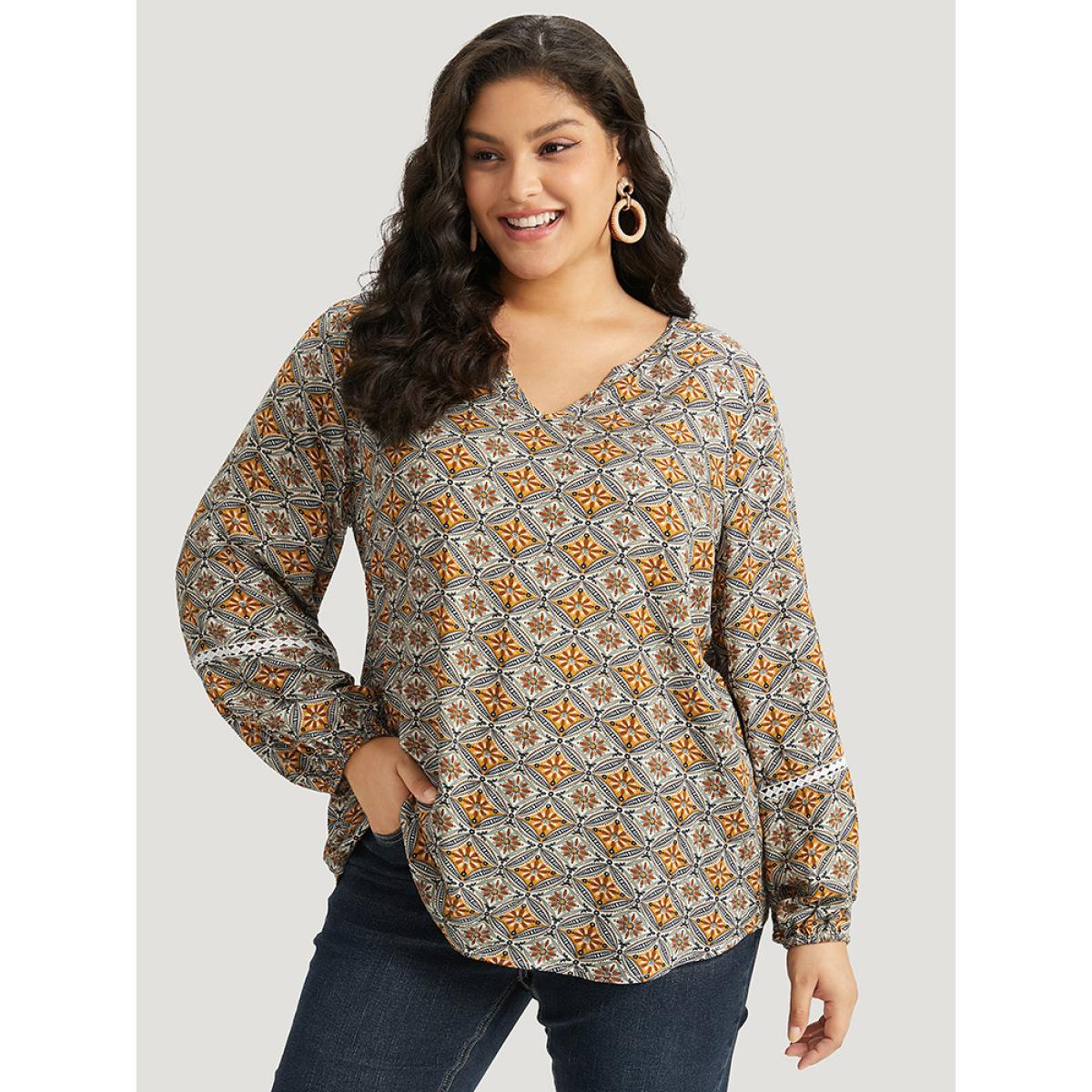 Plus Size Bronze Boho Print Notched Contrast Lace Blouse Women Vacation Long Sleeve Notched collar Dailywear Blouses BloomChic 14-16/1X Product Image