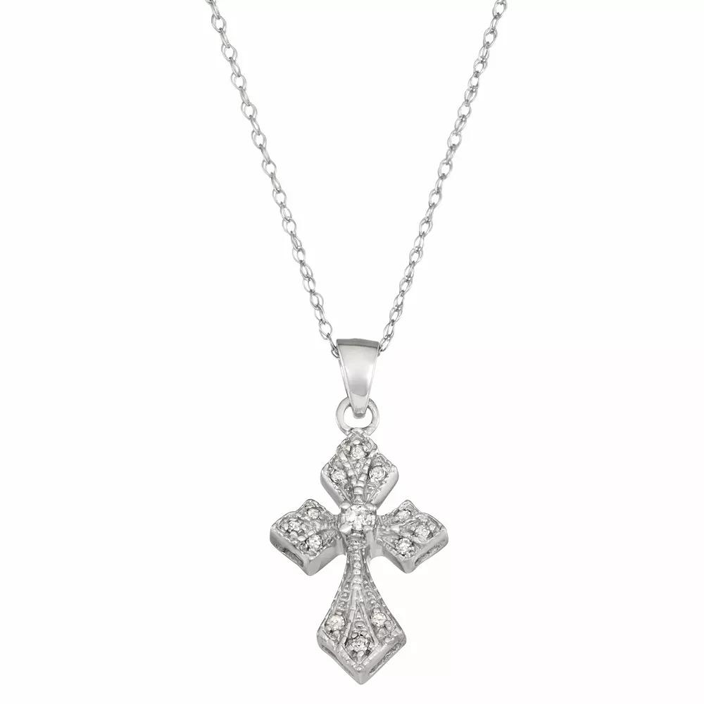 10k White Gold 1/10 Carat T.W. Diamond Cross Necklace, Women's, Size: 18" Product Image