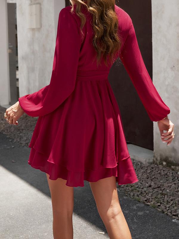 A-Line High Waisted Ruffled Solid Color Tied Waist V-Neck Mini Dresses Product Image