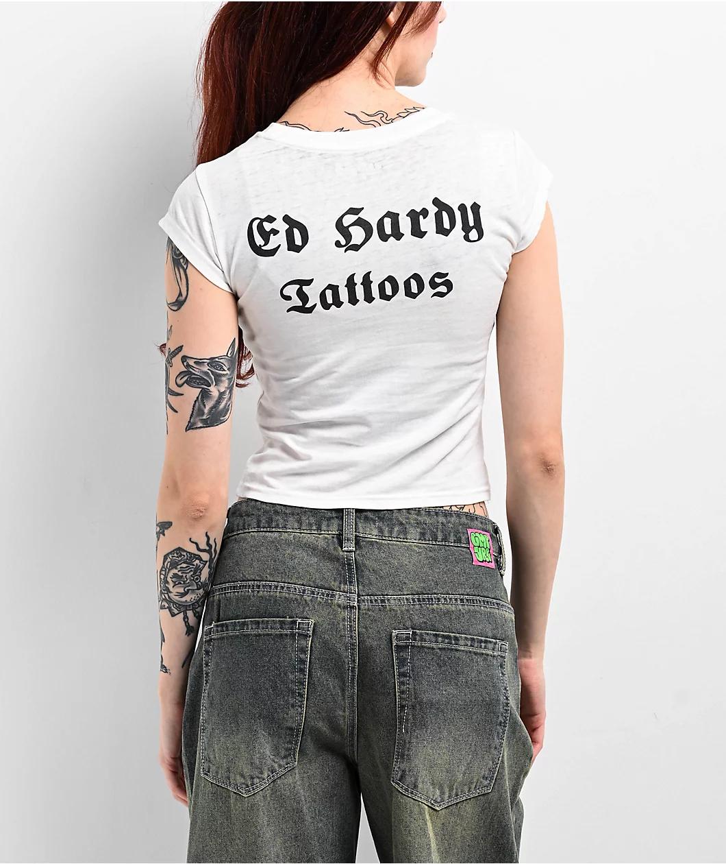 Ed Hardy Cobra Flame Burnout White Crop T-Shirt Product Image