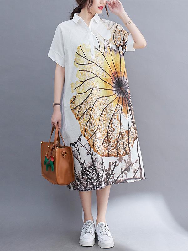 Artistic Retro Floral Printed Buttoned Lapel Collar Short Sleeves Midi Shirt Dress Product Image