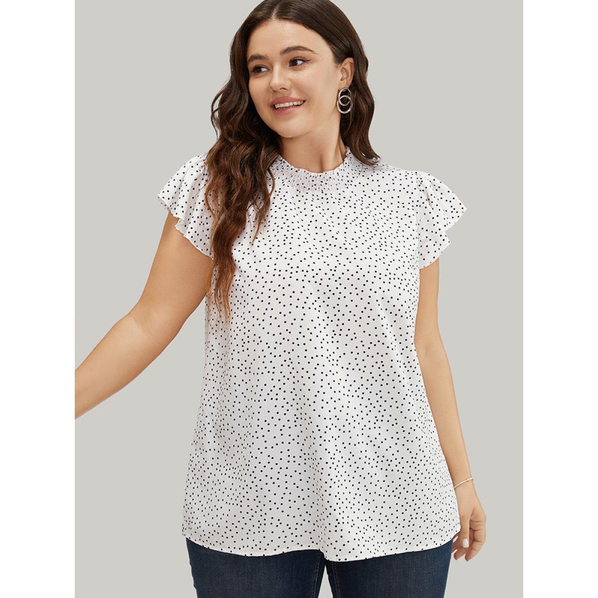 Plus Size White Polka Dot Shirred Mock Neck Cap Sleeve Blouse Women Elegant Cap Sleeve Mock Neck Everyday Blouses BloomChic 22-24/3X Product Image