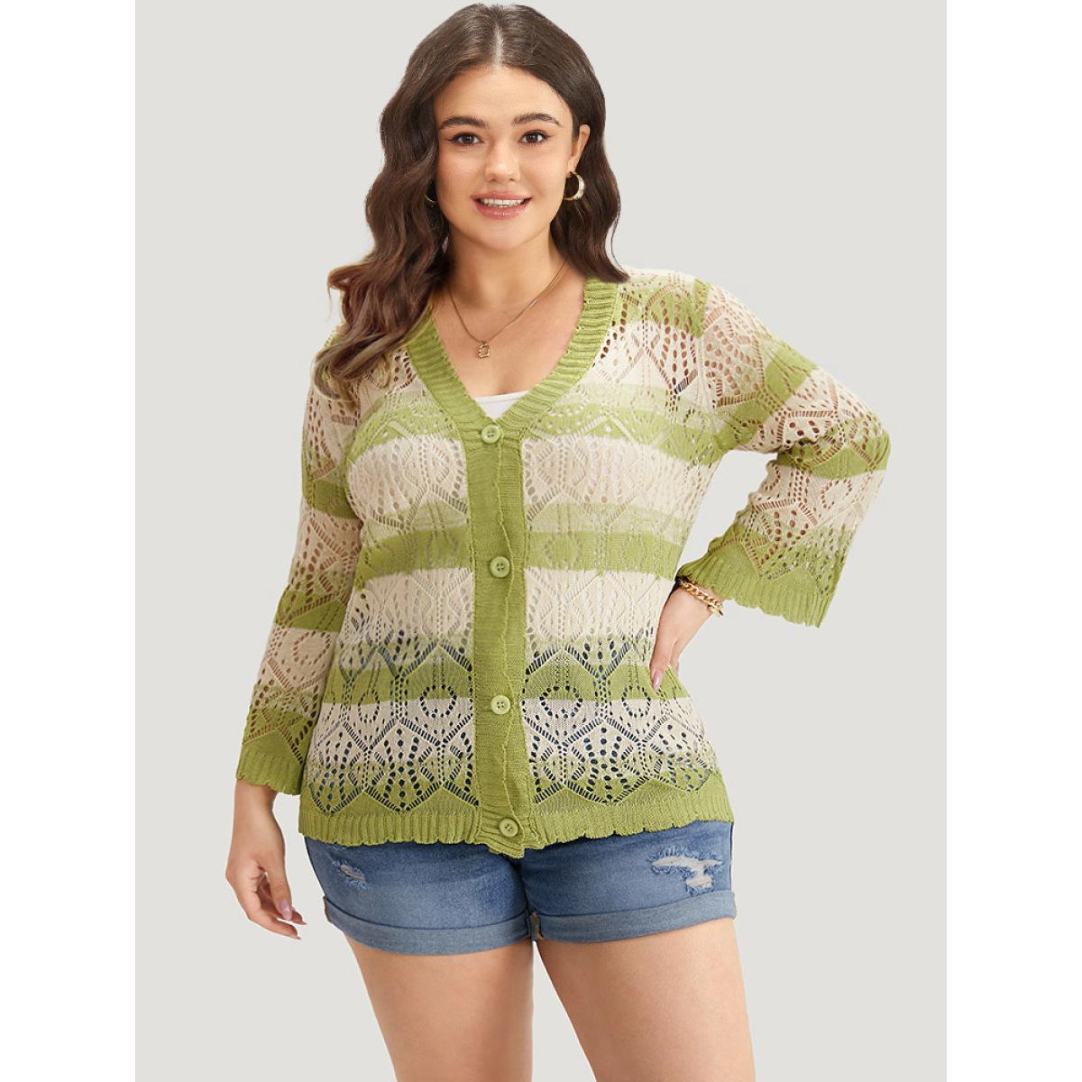 Plus Size Striped Contrast Button Front Cardigan LightGreen Women Casual Loose Long Sleeve Everyday Cardigans BloomChic 22-24/3X Product Image
