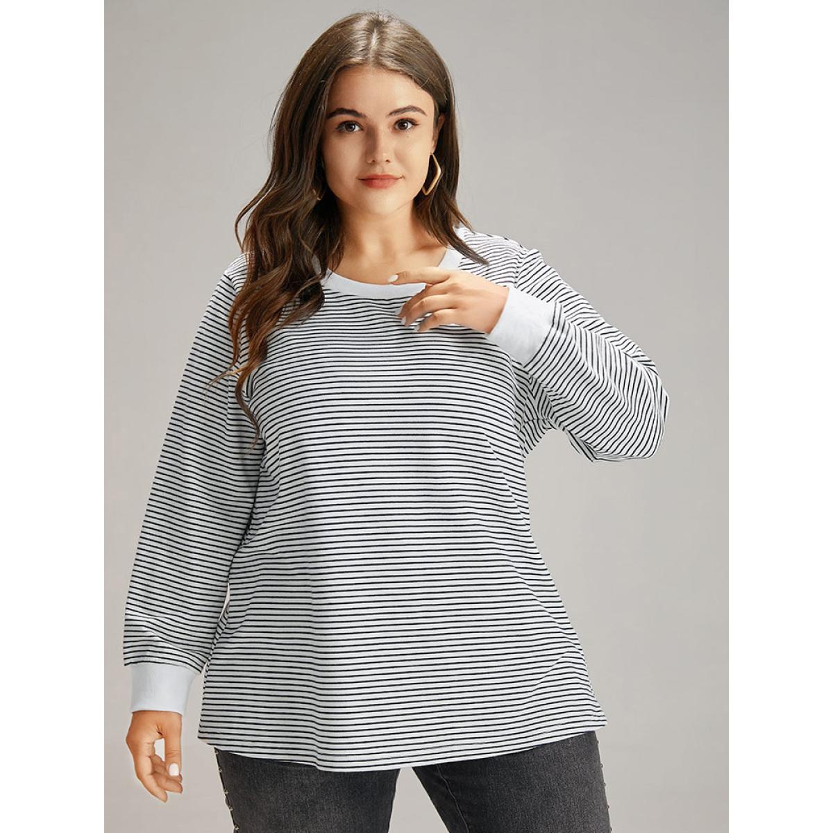 Plus Size Cotton Striped Striped Sweatshirt Women Indigo Casual Elastic cuffs Round Neck Everyday Sweatshirts BloomChic 22-24/3X Product Image