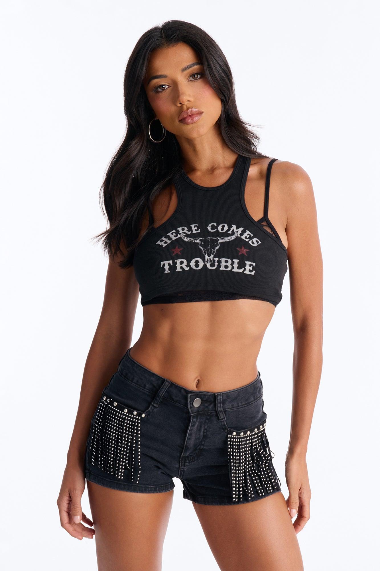 Here Comes Trouble 2Fer Cropped Tank - Black Female Product Image