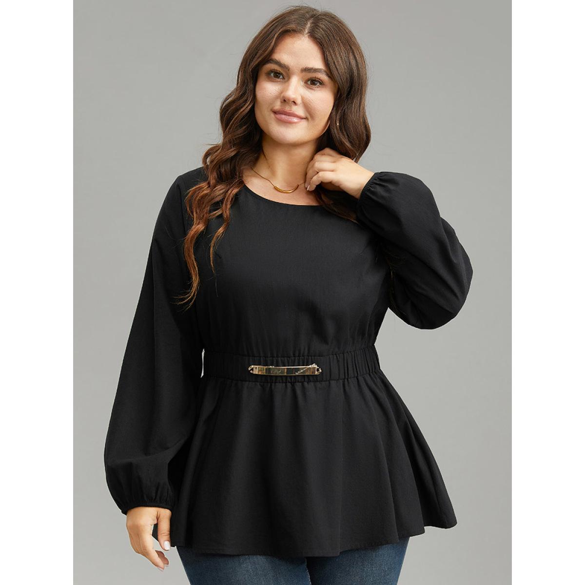 Plus Size Black Cotton Solid Metal Detail Lantern Sleeve Blouse Women Office Long Sleeve Round Neck Work Blouses BloomChic 26/4X Product Image