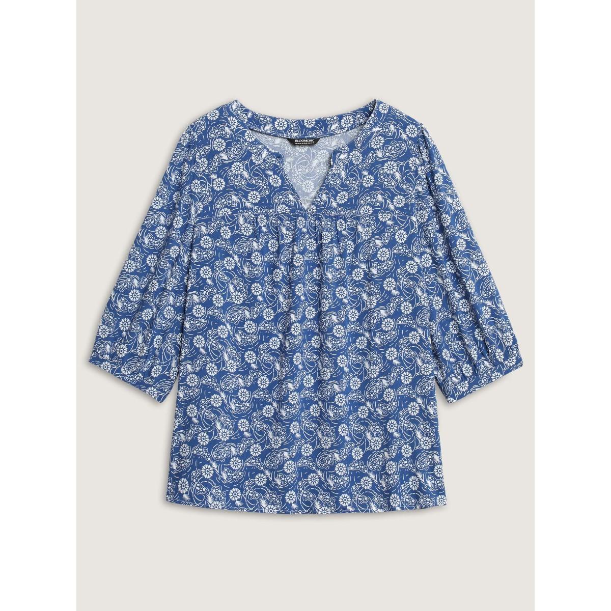 Plus Size Navy Floral Print Quarter Sleeve Blouse Women Leisure Elbow-length sleeve Notched collar Casual Blouses BloomChic 22-24/3X Product Image