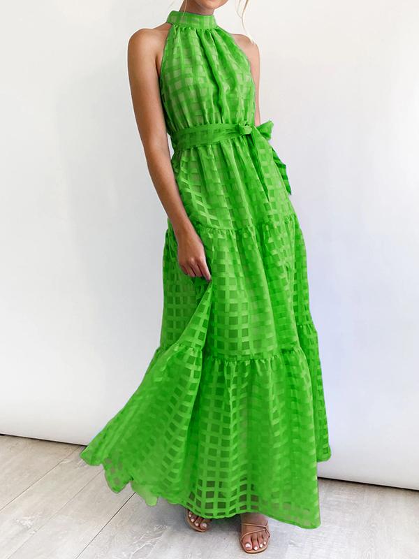 Loose Sleeveless Plaid Ribbed Stand Collar Maxi Dresses Product Image