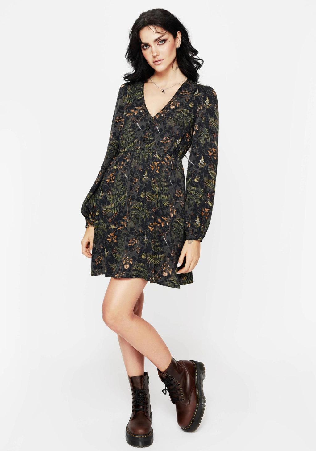 Wither Fern Print Balloon Sleeve Mini Dress Product Image
