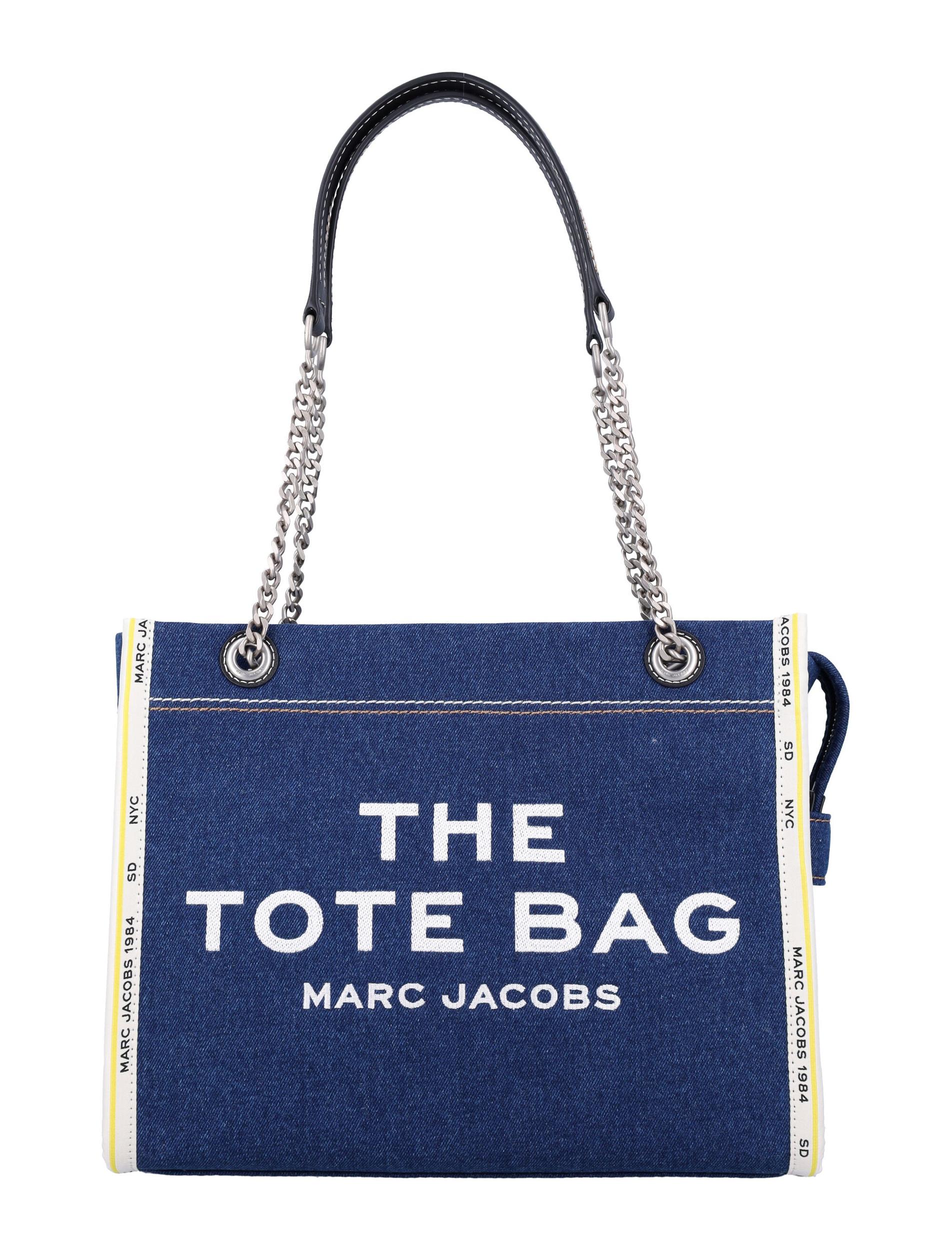 MARC JACOBS The Medium Tote In Blue Denim With Embroidered Logo In Dark Wash Product Image