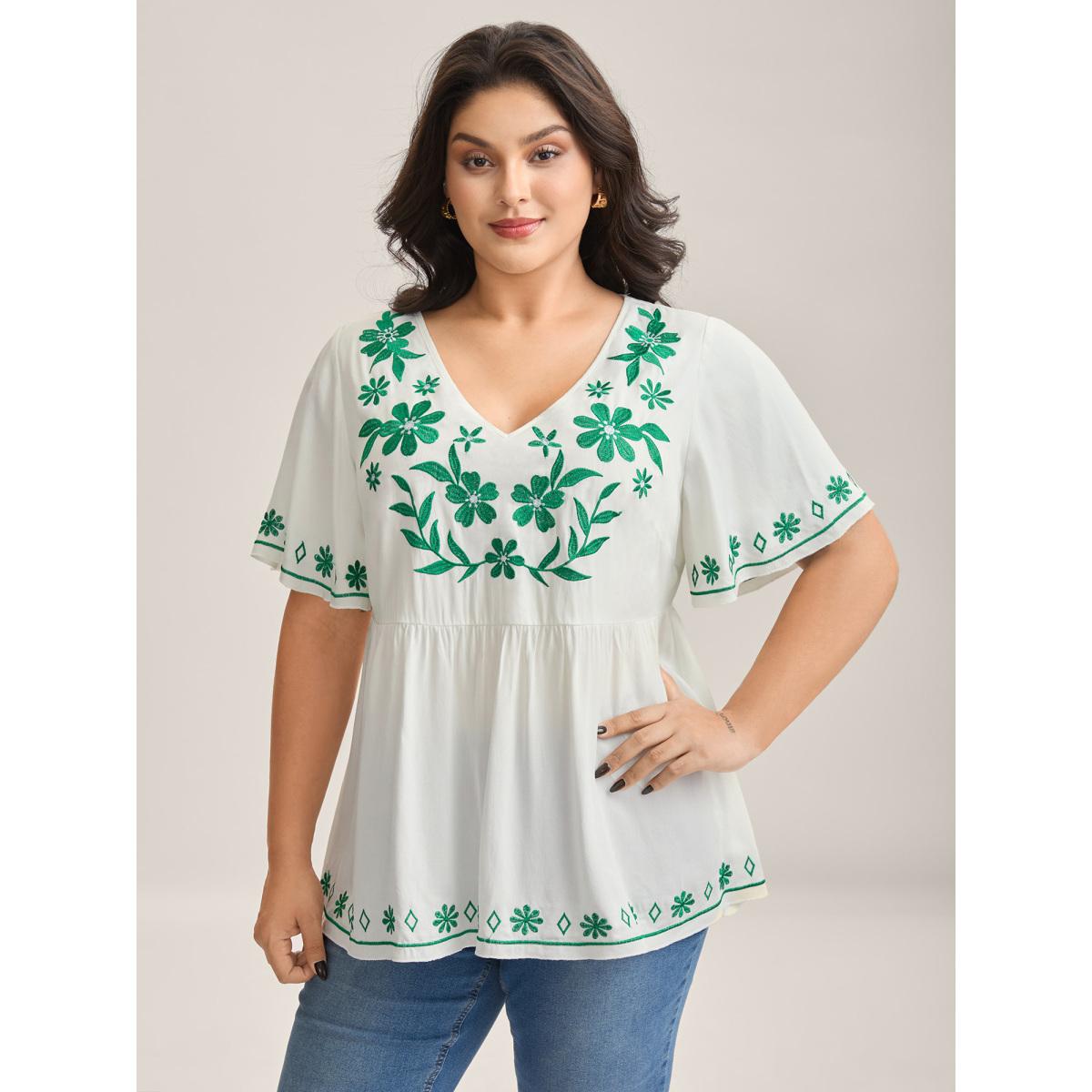 Plus Size WhiteSmoke Floral Embroidery Flared Flowy Blouse Women Short sleeve V-neck Elegant Blouses BloomChic 22-24/3X Product Image
