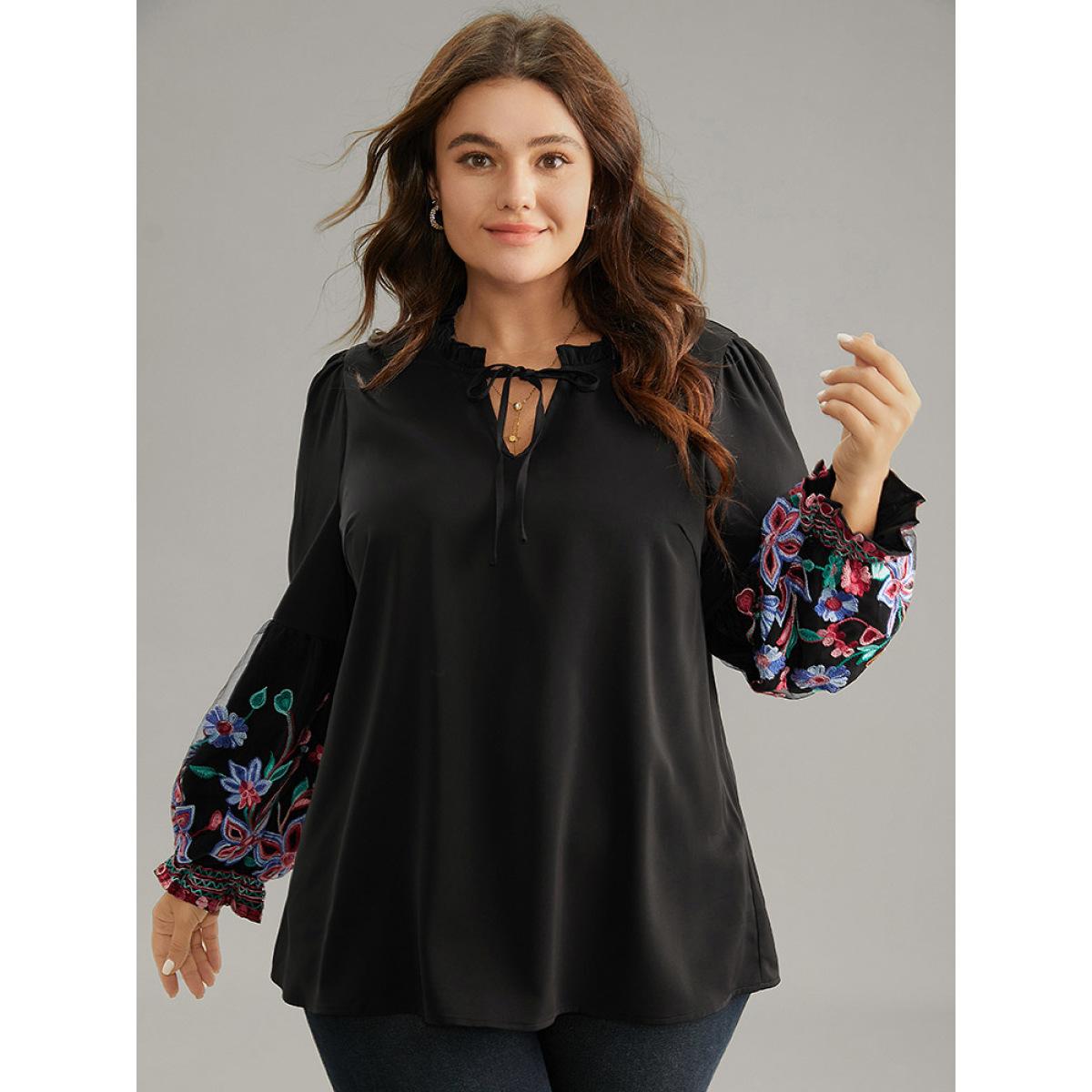 Plus Size Black Floral Embroidered Mesh Tie Neck Ruffles Blouse Women Elegant Long Sleeve Tie Neck Party Blouses BloomChic 10/M Product Image