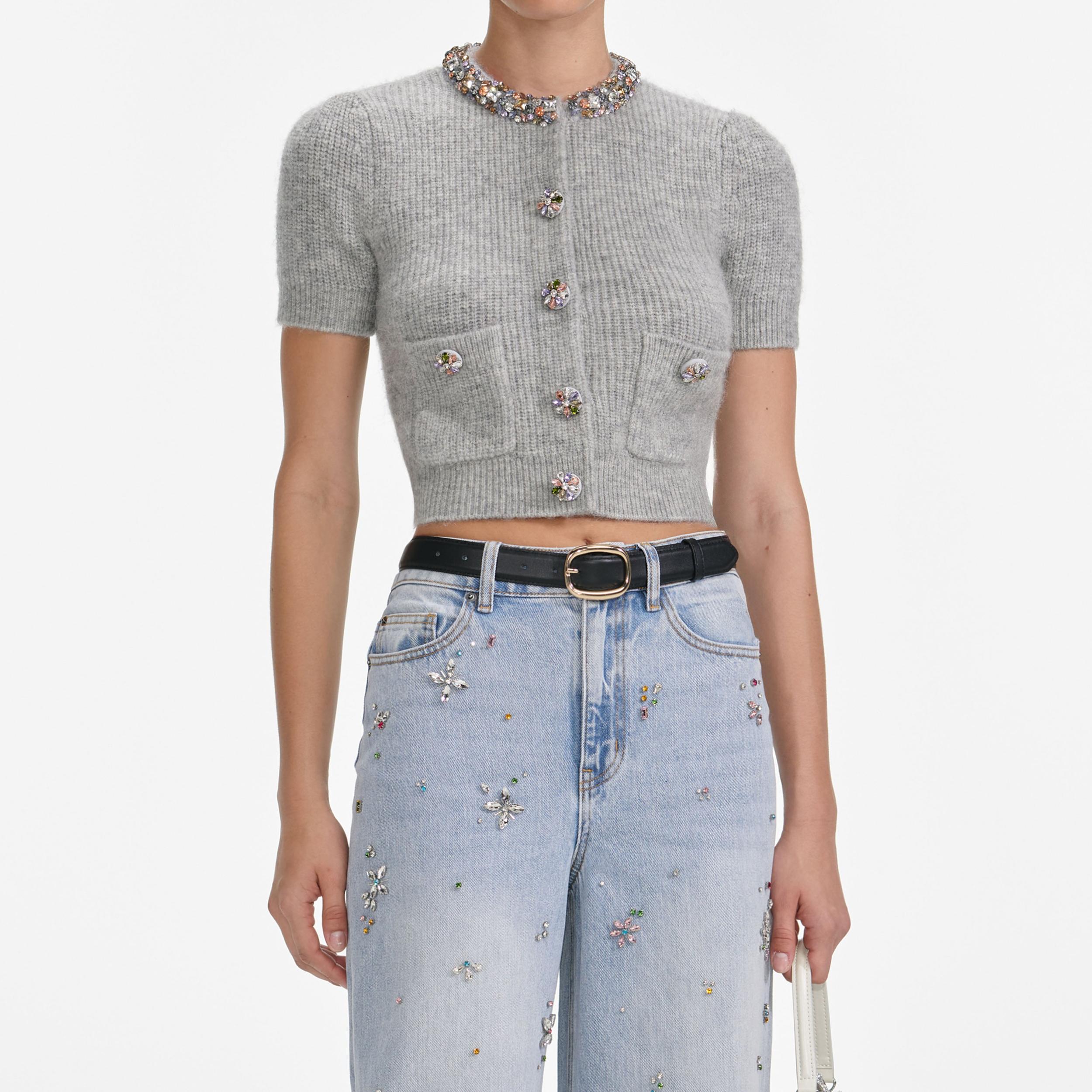 Grey Embellished Trim Knit Top Product Image