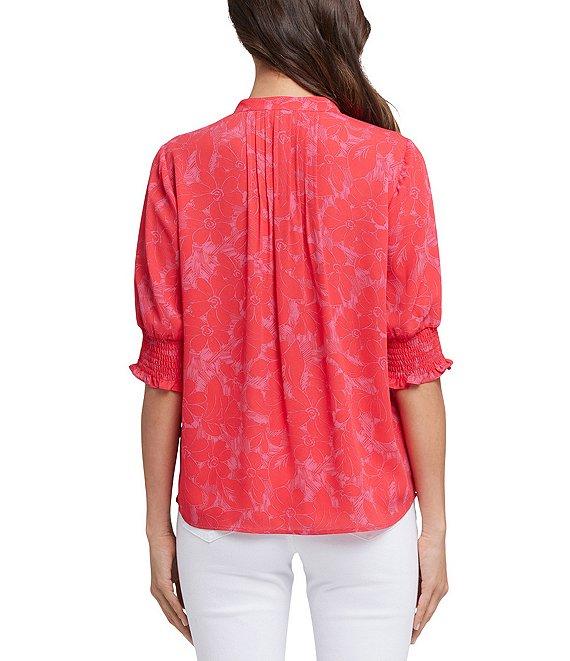 NYDJ Woven Printed Round Neck Pleated Short Smocked Sleeve Top Product Image