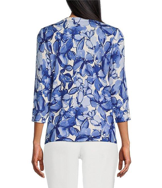 Investments Blue Floral Sketch 3/4 Sleeve Crew Neck Top Product Image