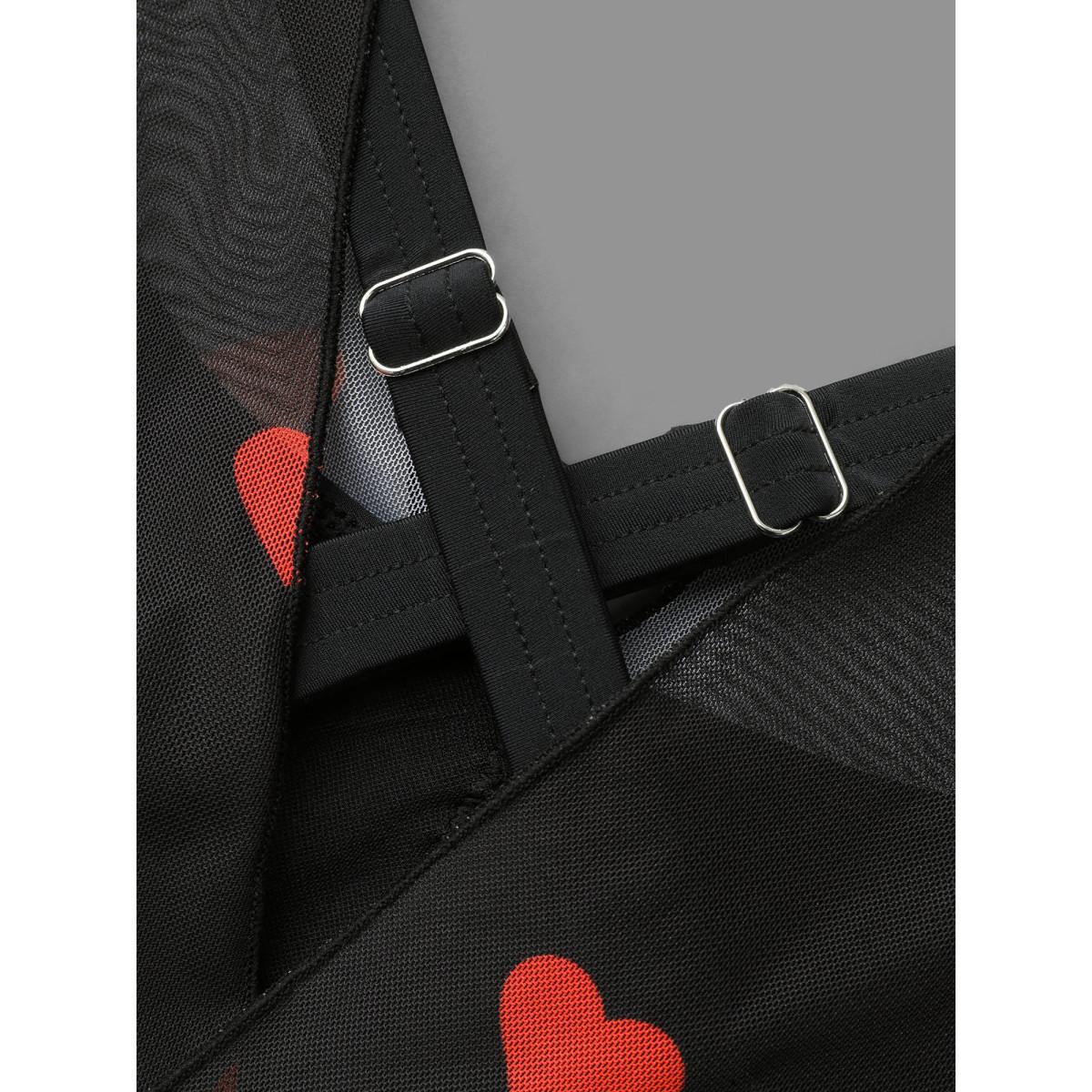 Plus Size Sheer Hearts Mesh Wrap Neck Swim Dress Women's Swimwear Black Beach Bodycon Overlap Collar High stretch Curve Swim Dresses BloomChic 26/4X Product Image