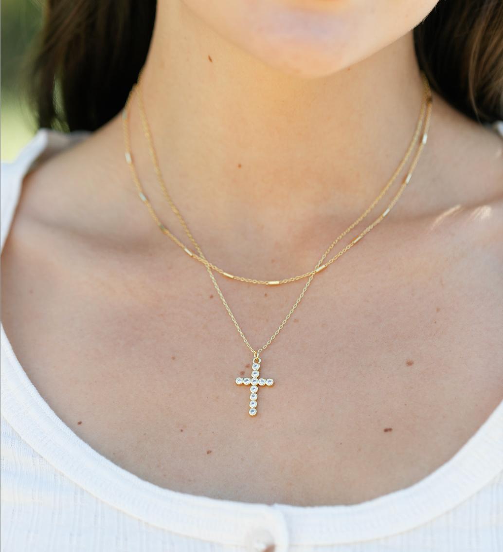 Layered Cubic Zirconia Cross Necklace Product Image