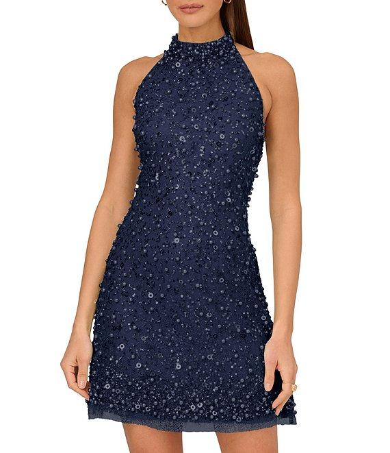 Adrianna by Adrianna Papell Beaded Mesh Halter Mock Neck Sleeveless Open Back Mini Dress Product Image