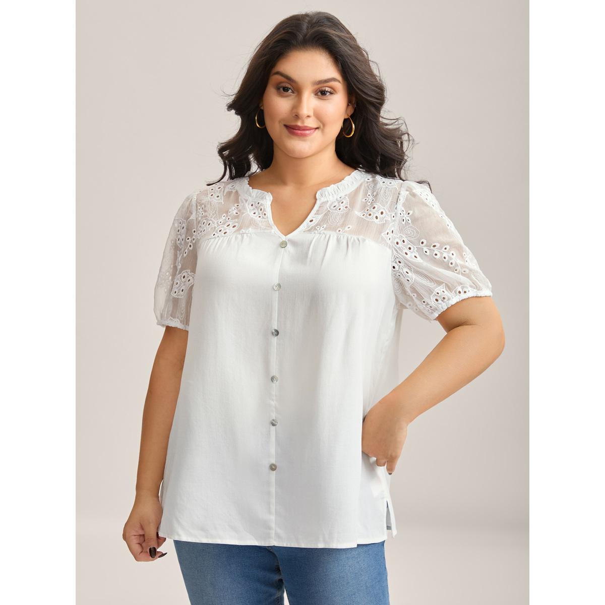 Plus Size Originalwhite Eyelet Trim Sheer Button Detail Blouse Women Timeless Short sleeve Notched collar Elegant Blouses BloomChic 10/M Product Image
