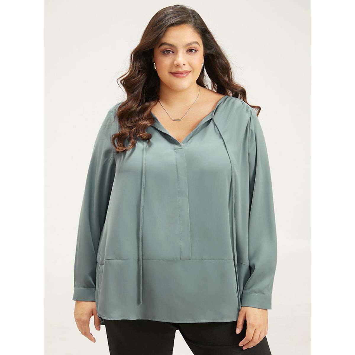 Plus Size SlateGray Solid Tie Neck Gathered Blouse Women Office Long Sleeve Tie Neck Office Blouses BloomChic 22-24/3X Product Image