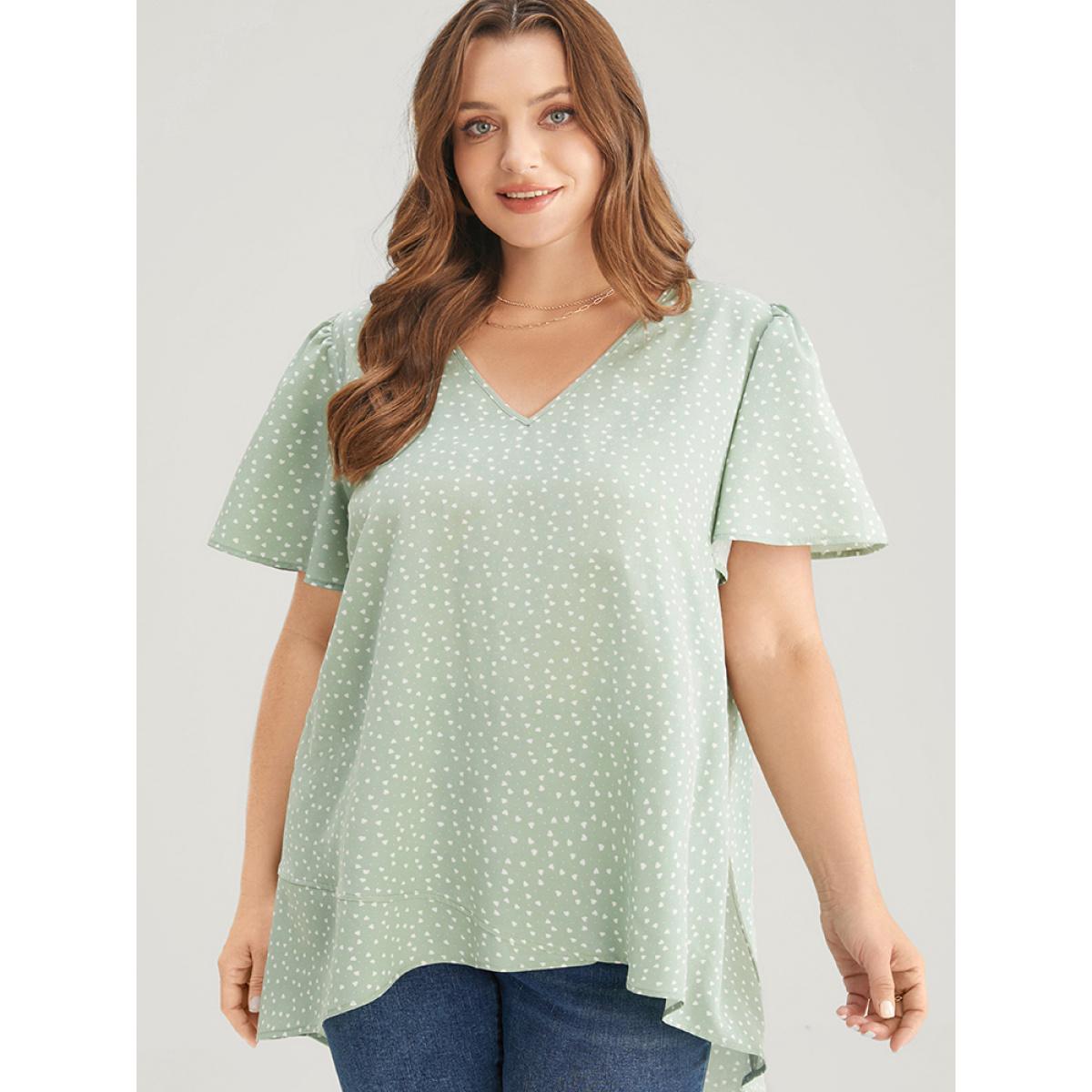 Plus Size Mint Heart Print Ruffle Sleeve Asymmetrical Hem Blouse Women Elegant Short sleeve V-neck Dailywear Blouses BloomChic 12/L Product Image