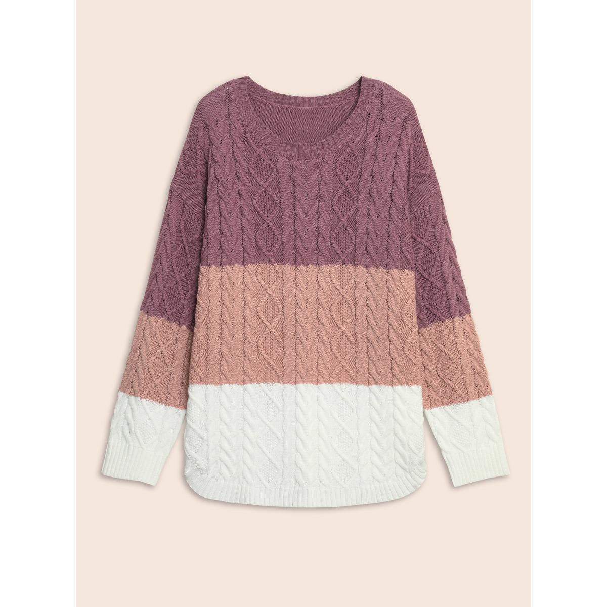 Plus Size Contrast Cable Knit Arc Hem Pullover Lilac Women Casual Loose Long Sleeve Round Neck Everyday Pullovers BloomChic 28/5X Product Image
