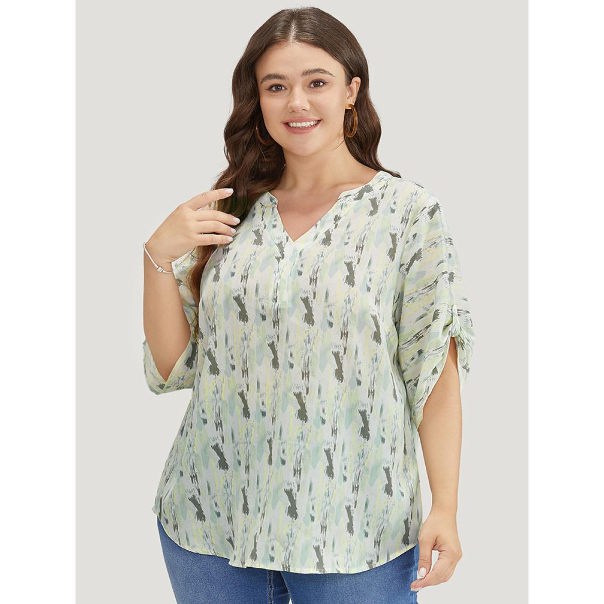 Plus Size LightGreen Brush Print Notched Neck Contrast Cuffed Sleeve Blouse Women Vacation Half Sleeve V-neck Dailywear Blouses BloomChic 18-20/2X Product Image