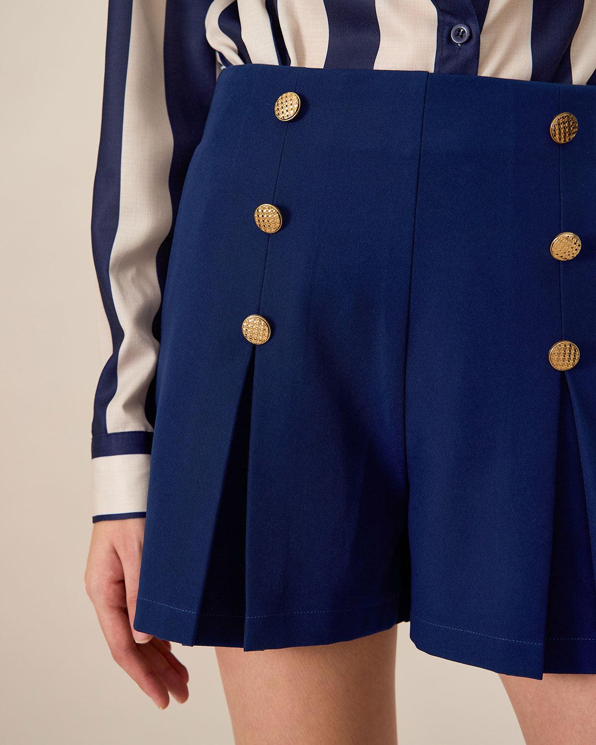 Women's Navy High-Waisted Pleated Shorts Female Product Image