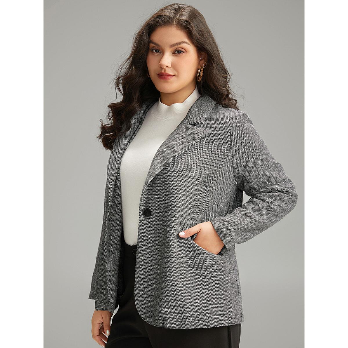 Plus Size Plain Textured Pocket Suit Collar Blazer Black Women Work Plain Texture Sleeve Long Sleeve Suit Collar 26/4X Pocket At the Office Blazers BloomChic Product Image